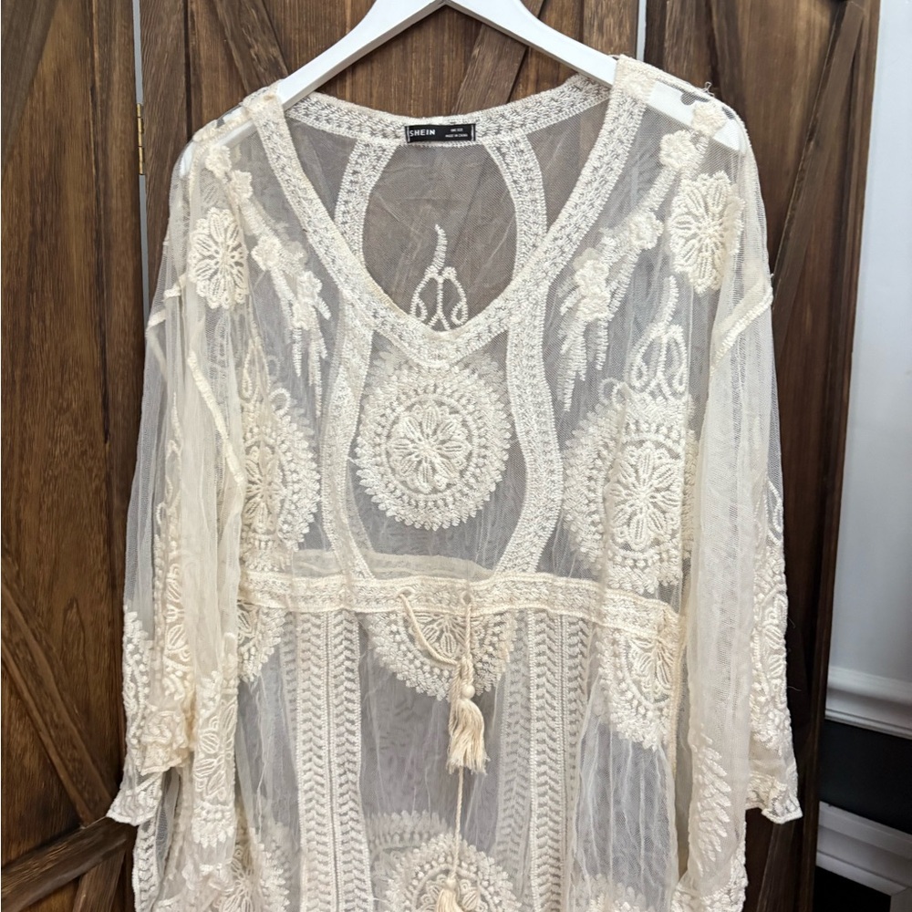 Sheer Cream Embroidered Swim Coverup